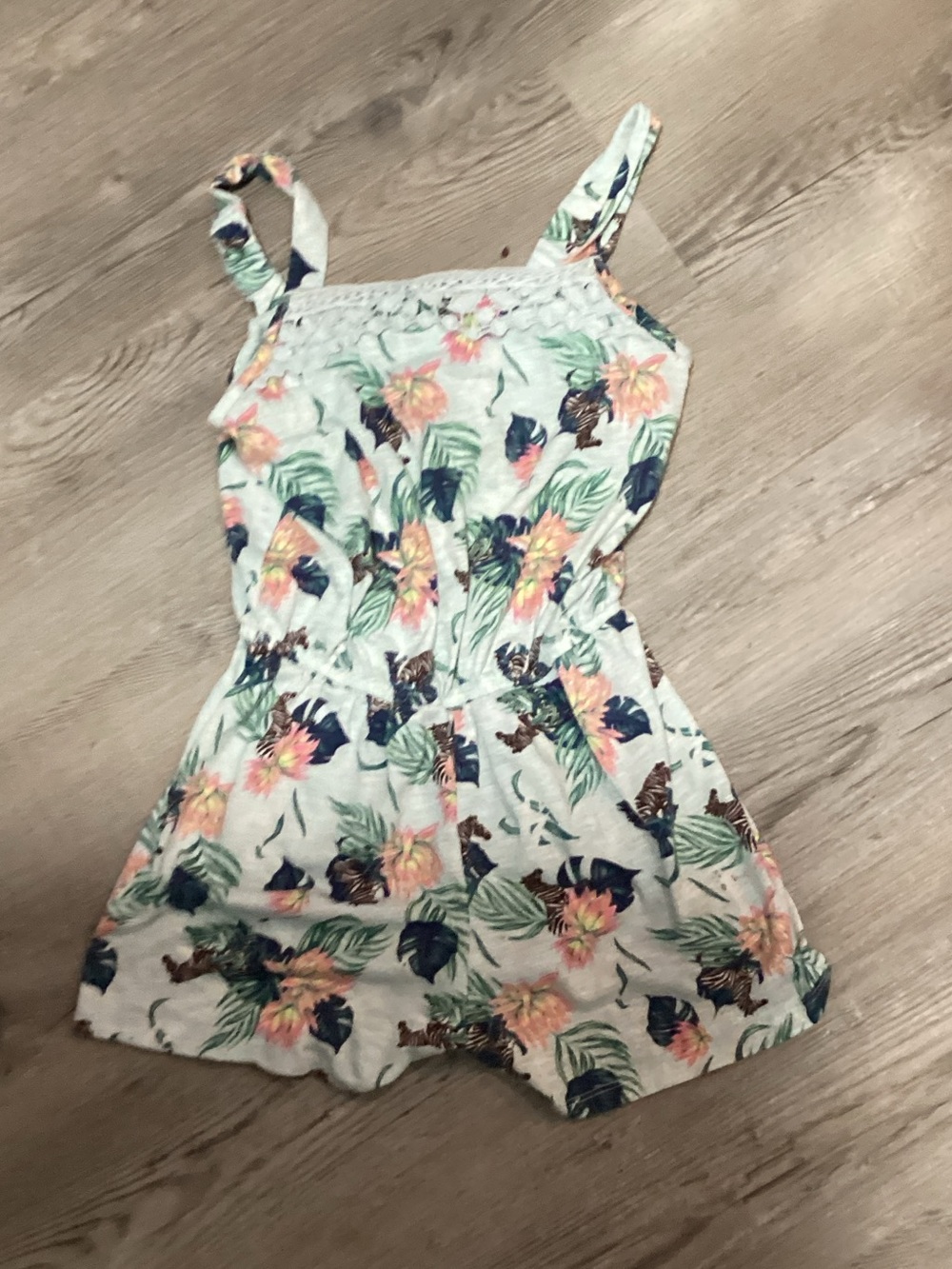 Girls Light Blue Tropical Floral Romper with Adjustable Straps